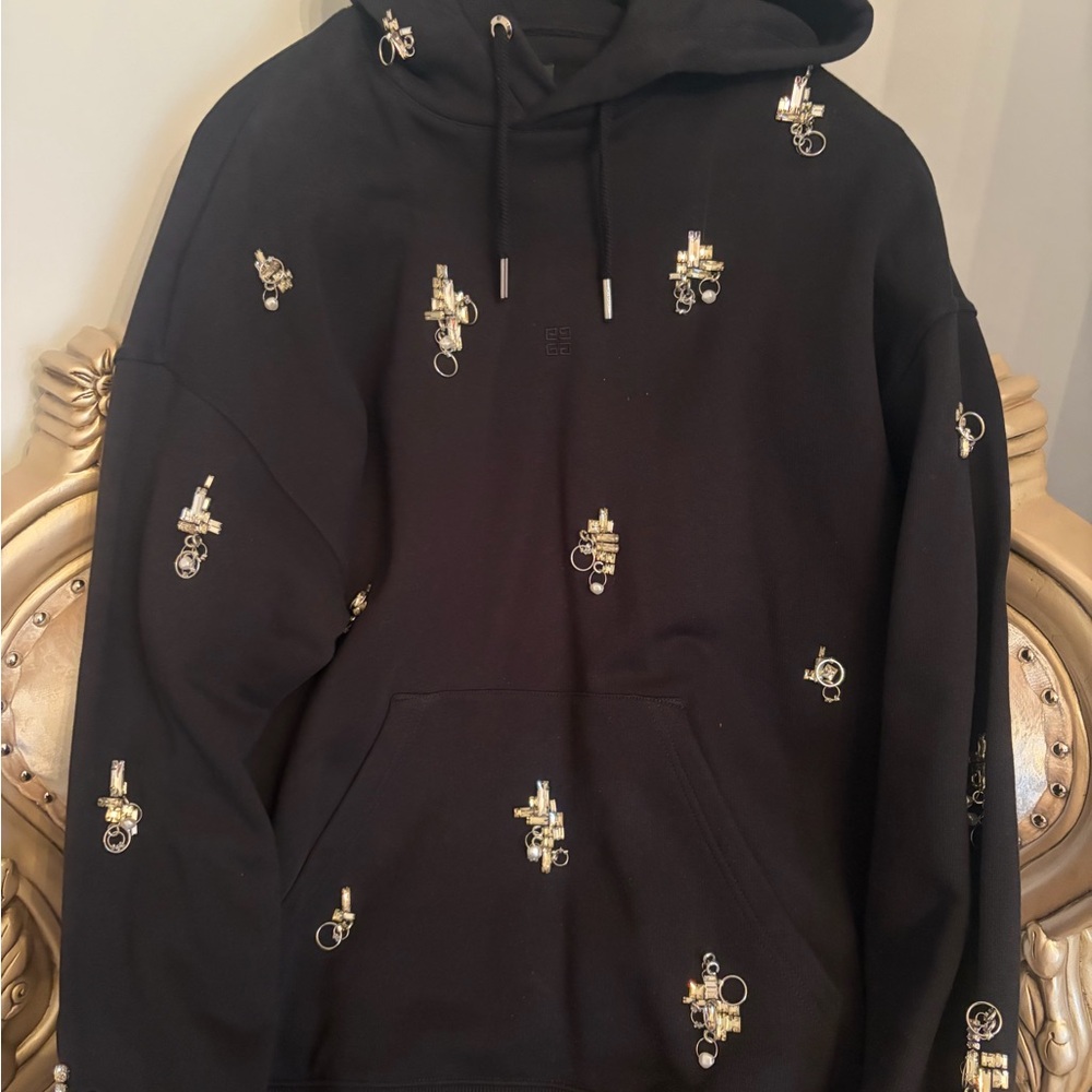Givenchy Black Hoodie with Silver Rhinestones No fading camera lighting.